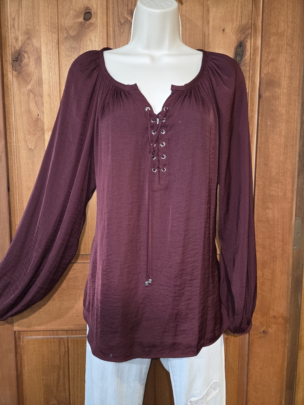 Jennifer Lopez Lace-Up Long Sleeve Peasant Top - Burgundy